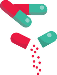 Flat Vector Illustration of Colorful Medicine Capsules with Open Pill and Granules
