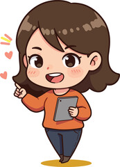 Obraz premium Happy girl using tablet with cheerful expression and hearts on yellow background in vector illustration 