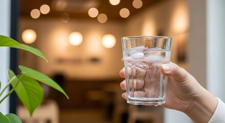 Refreshing Iced Water in Glass Handheld Cafe Background