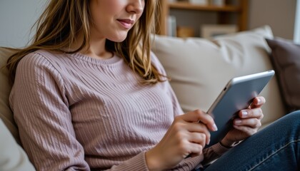 a woman at home browsing an online store on her tablet with a credit card nearby