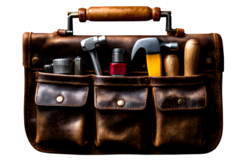 Vintage leather tool belt laid out flat with classic tools inside, ideal for retro DIY or workshop themes, transparent to transparent background
