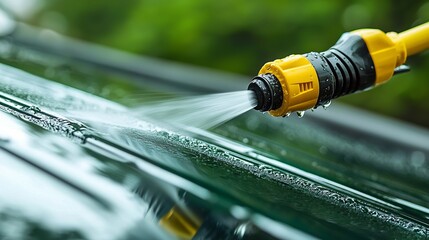 High-pressure water spray cleaning a metal roof surface with a yellow hose nozzle