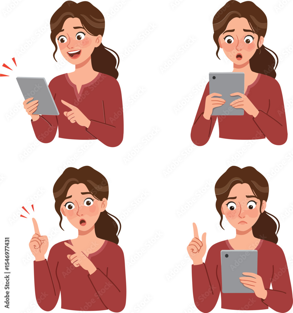 Poster woman showing different facial expressions while using digital tablet in casual red top vector illus