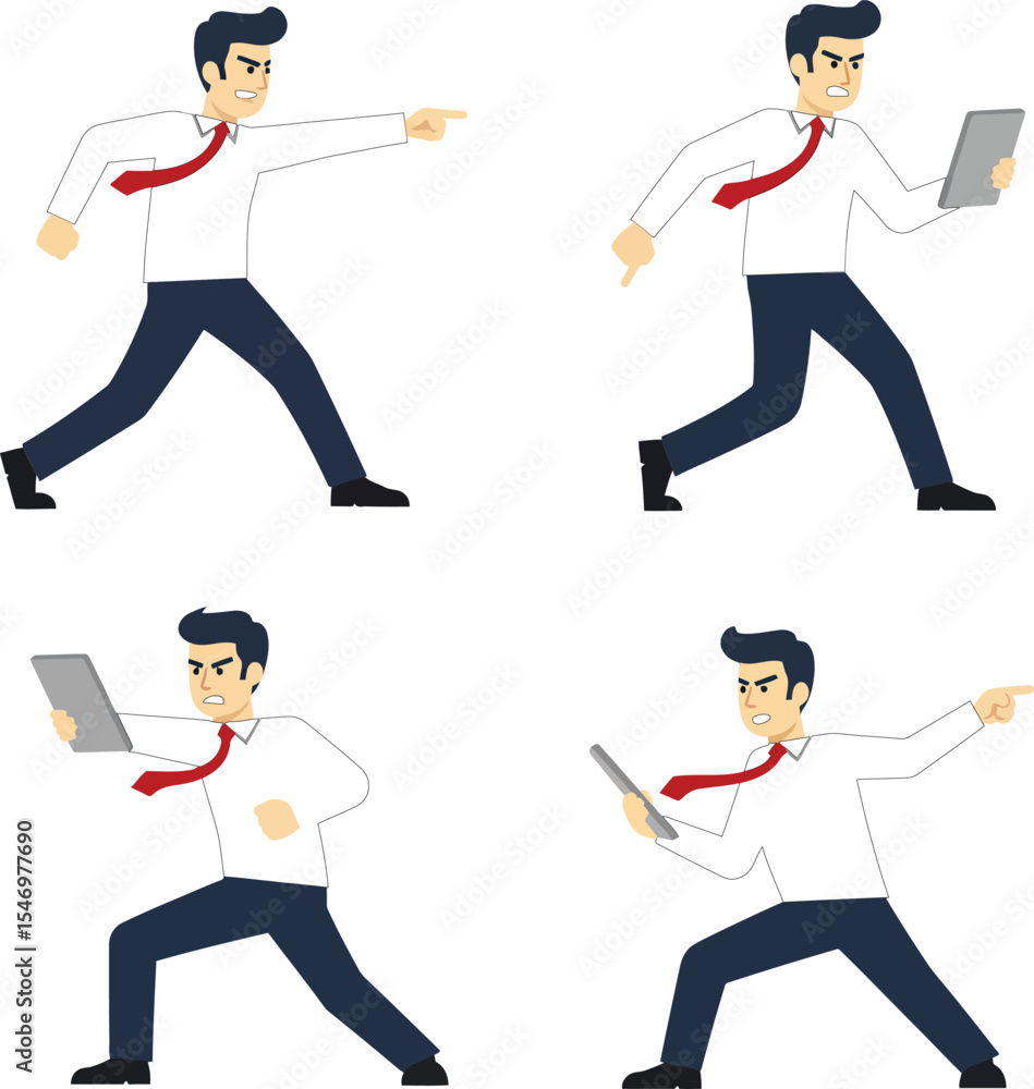 Poster businessman with digital devices in various action poses on red background vector illustration set