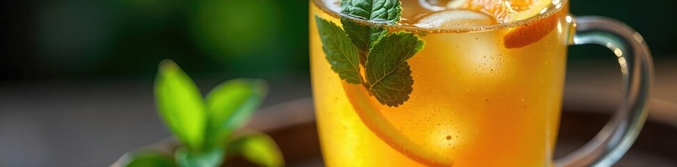 Close-up of a calming beverage in a glass, garnished with fresh herbs and citrus, ready to be enjoyed Steam rises gently, suggesting warmth and tranquility , healthy lifestyle, cup, comfort
