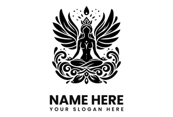 Serene winged woman meditating in ornate floral design, logo template.