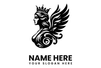 Elegant black and white logo featuring a winged woman wearing a crown.