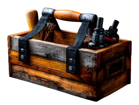 Wooden carpenters box with handle, filled with rustic hand tools like mallet, rasp, and nails, aged texture and handcrafted look, transparent to transparent background - Powered by Adobe