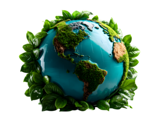 3D Earth globe surrounded by green leaves, eco-friendly Earth Day composition on bright white background, isolated to transparent background