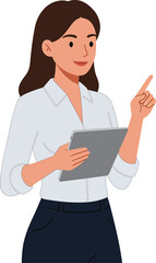 Woman holding tablet pointing with finger wearing white shirt and dark pants simple flat vector illustration 