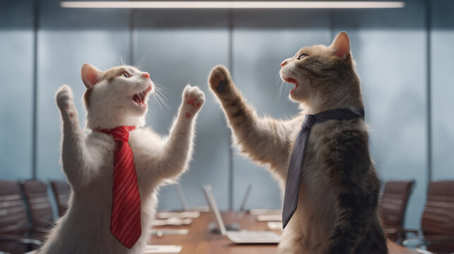 A humorous depiction of two cats passionately arguing, offering a lighthearted take on difficult conversations, power struggles, and the amusing chaos of business life.
