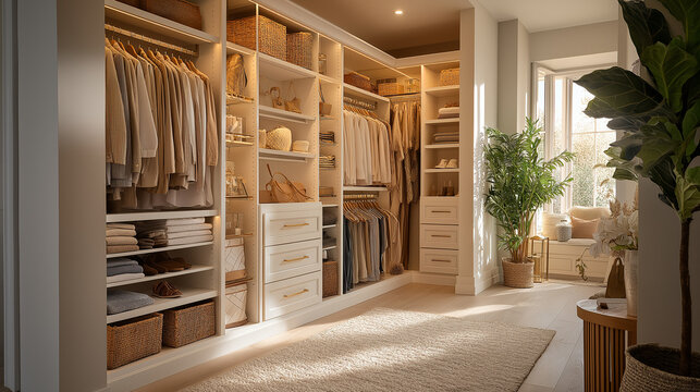 Walk-in Closet: A spacious and meticulously organized walk-in closet bathed in natural light, showcasing a stylish array of clothes and accessories in an elegant, modern design.