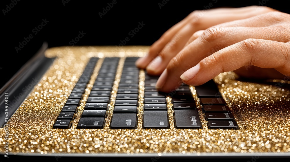 Poster close-up of hands typing on a keyboard with a glittery gold surface background