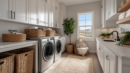 Modern Laundry Room: A bright and airy laundry room, bathed in natural light, is equipped with sleek appliances, ample storage, and stylish accents, a blend of function and elegant design.