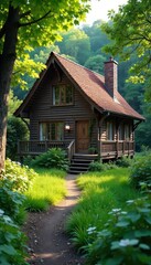Rustic summer house nestled amongst lush greenery, perfect for a peaceful getaway Enjoy the tranquility and natural beauty , real estate, cabin