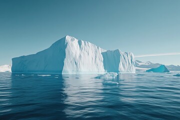 A massive iceberg floats in serene arctic waters, reflecting the clear sky.  Smaller ice floes surround it