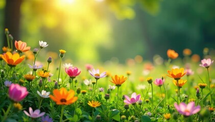 A vibrant, lush spring bursting with wildflowers, emanating a sense of renewal and healing energy Perfect for concepts of wellness, nature therapy, and spring rejuvenation , sunshine, healthy