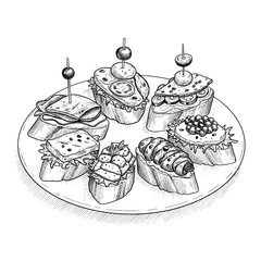 Pintxos Platter Illustration. Monochrome vector on transparent background, black and white. Spanish tapas, gourmet appetizers. For restaurant menus, food blogs, catering