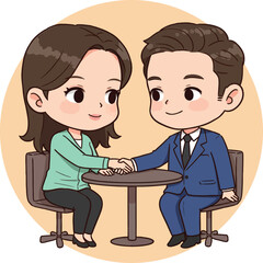 Obraz premium Businessman and businesswoman shaking hands at table in office setting vector illustration 