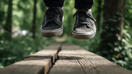 Close-up of a person's black sneakers standing on a wooden plank in a lush green park