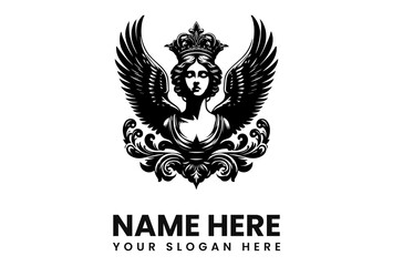 Fototapeta premium Ornate emblem featuring a crowned woman with wings, set above decorative scrollwork.