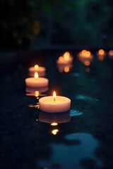 Serene floating candles illuminate a dark pool of water, creating a magical, ethereal atmosphere Perfect for spa, relaxation, meditation, or spiritual themes , magical, yoga