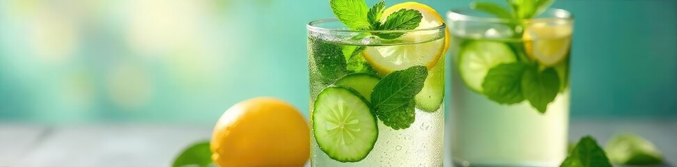 Fototapeta premium Refreshing cucumber and mint infused water, perfect for a hot day Chill and enjoy this simple, hydrating summer beverage Garnish with lemon and berries for extra flavor , drink, cool, lemon