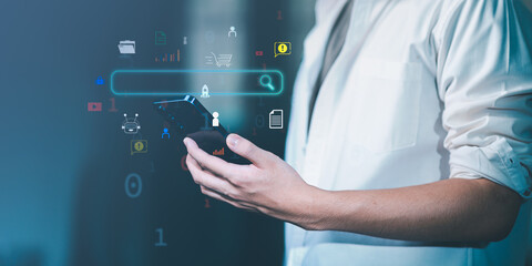 Businessman searching for business information through virtual screen,Searching for information he...