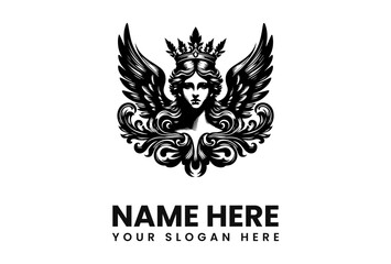 Elegant black and white emblem of a winged woman wearing a crown, surrounded by ornate floral designs.
