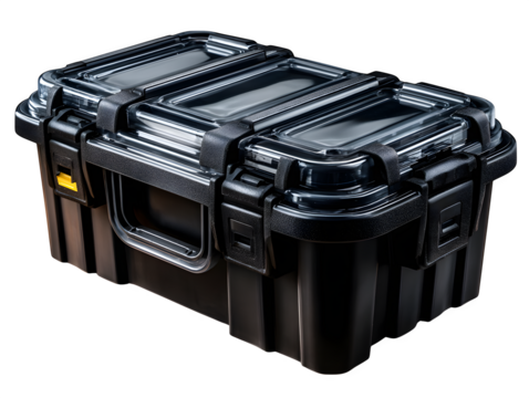 Black industrial plastic utility box with open-top design, garage-ready storage concept, sturdy and functional appearance, transparent to transparent background