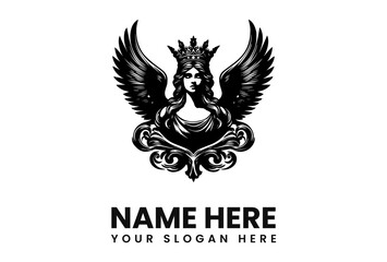 Elegant crowned woman with majestic wings, framed by ornate detailing; a regal logo design.
