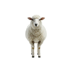Fototapeta premium Fluffy white sheep standing calmly, isolated on white background for farming or animal-related content