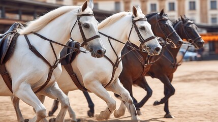 Three galloping horses with bridles running on a city street during daytime