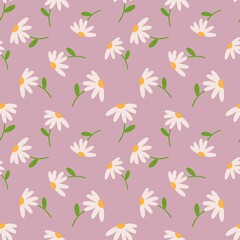 Obraz premium Cute daisy flower pattern on pink background. Simple, flat floral design perfect for spring-themed prints, fabric, wallpaper, and wrapping paper.Cute daisy flower pattern on pink background. Simple, f