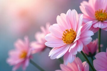 Obraz premium Close-up of delicate, pastel-colored flowers, subtly blurred background, emphasizing soft petals and gentle, airy feel; evokes freshness and tranquility , floral art, breath, floral