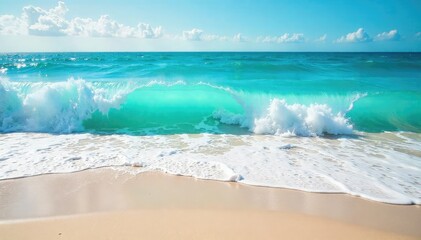 Sun-drenched turquoise waves crash on a sandy shore, creating a stunning summer seascape Perfect for travel, vacation, and summer themed projects , tranquil, landscape, shore