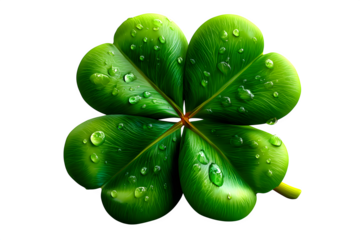Bright green clover plant with four distinct leaves, lucky symbol, simple and centered on white background, isolated to transparent background