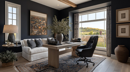 Fototapeta premium Modern Home Office Design: A stylish and functional home office space with dark walls, a large window with a scenic view, comfortable seating and a modern desk.