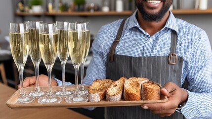 A waiter presents a tray with five glasses of champagne and slices of bread in a restaurant setting