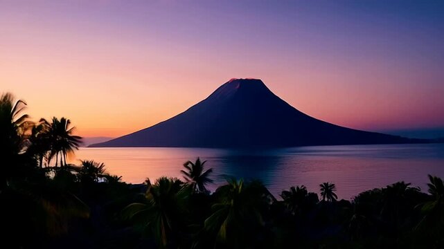 Silhouette of Volcanic Island at Dawn, Tropical Seascape