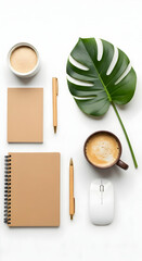 Stylish Office Desk Setup with Notebook and Plant