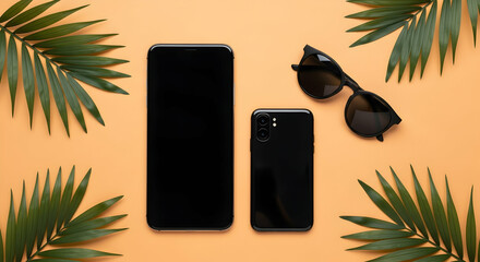 Stylish Black Smartphones with Sunglasses and Palm Leaves