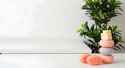 Elegant Stack of Soap Bars with Green Plant