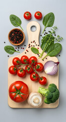 Fresh Vegetables and Herbs on a Wooden Board