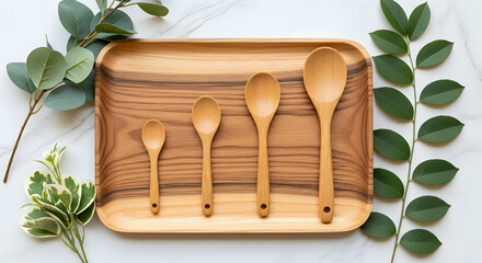 Set of Wooden Spoons on a Tray with Greenery