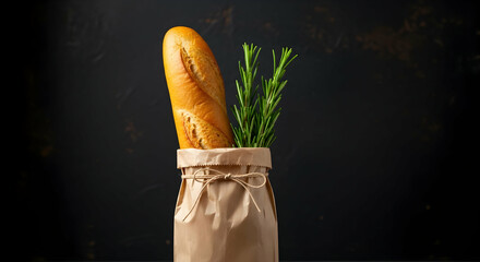 Fresh Bread with Herbs in Paper Bag