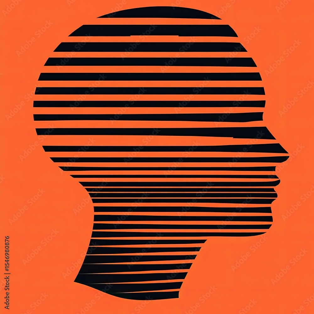 Poster abstract profile of a head composed of parallel horizontal lines, set against an orange background