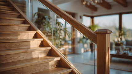 Obraz premium Modern Staircase Design: A wooden staircase with glass railing ascends into a sunlit home, blending contemporary design with natural light.
