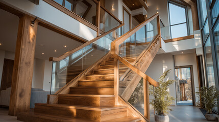 Fototapeta premium Magnificent Wooden Staircase: This image captures the allure of a sophisticated wooden staircase, offering an inviting ascent to upper levels.