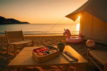 Tranquil Beach Glamping Breakfast at Golden Hour with Sushi and Coastal Views